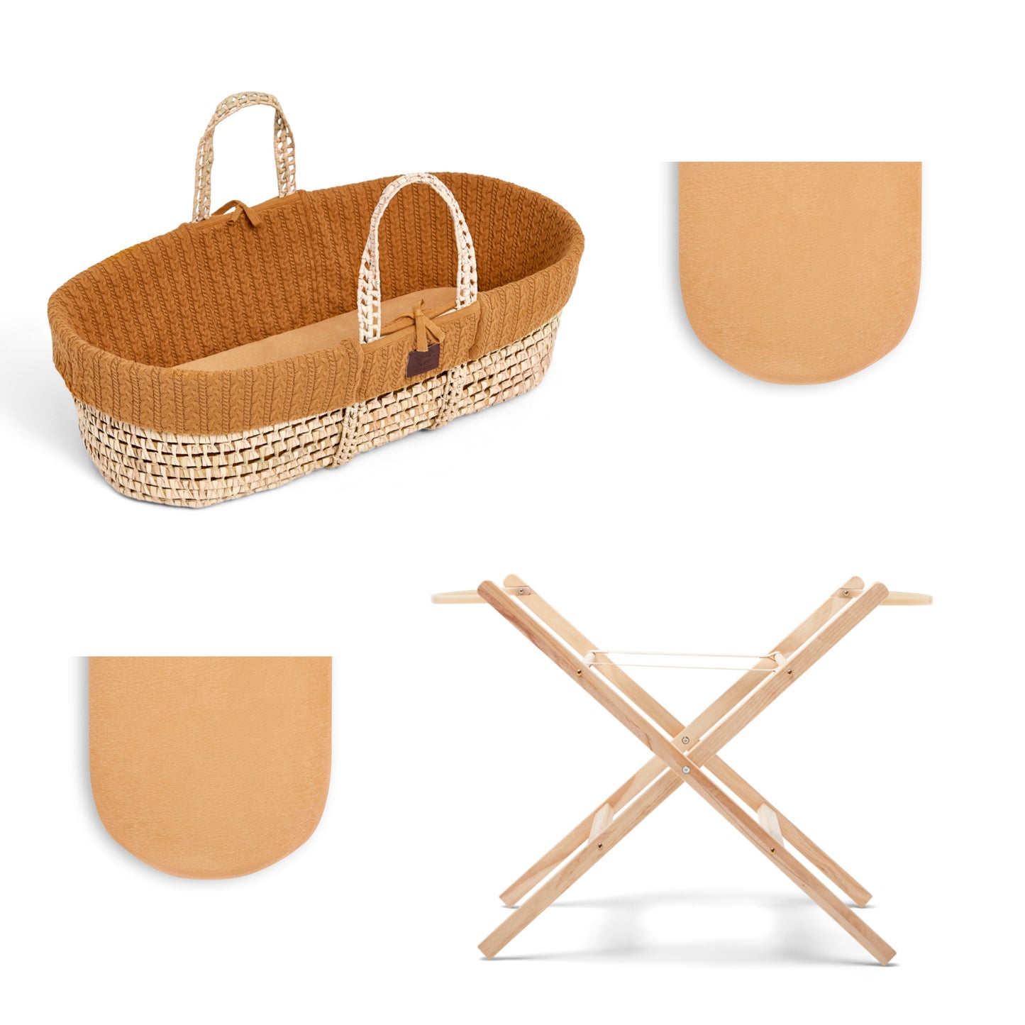 Moses Basket Bundle in honey with stand, and 2 sets of sheets