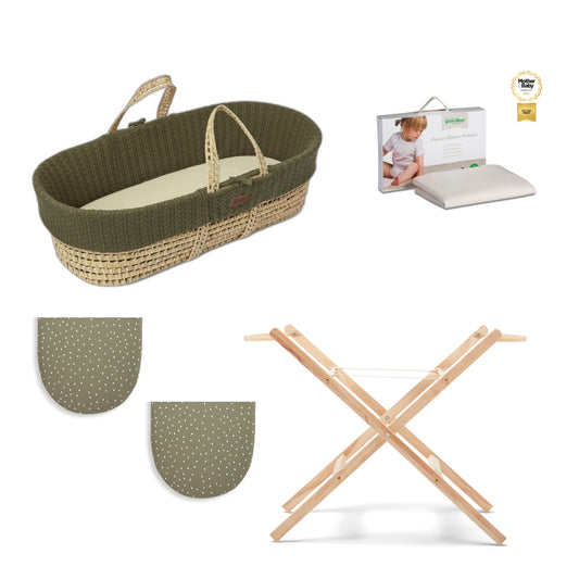 Moses Basket Bundle in juniper with stand, protector and  2 sets of sheets