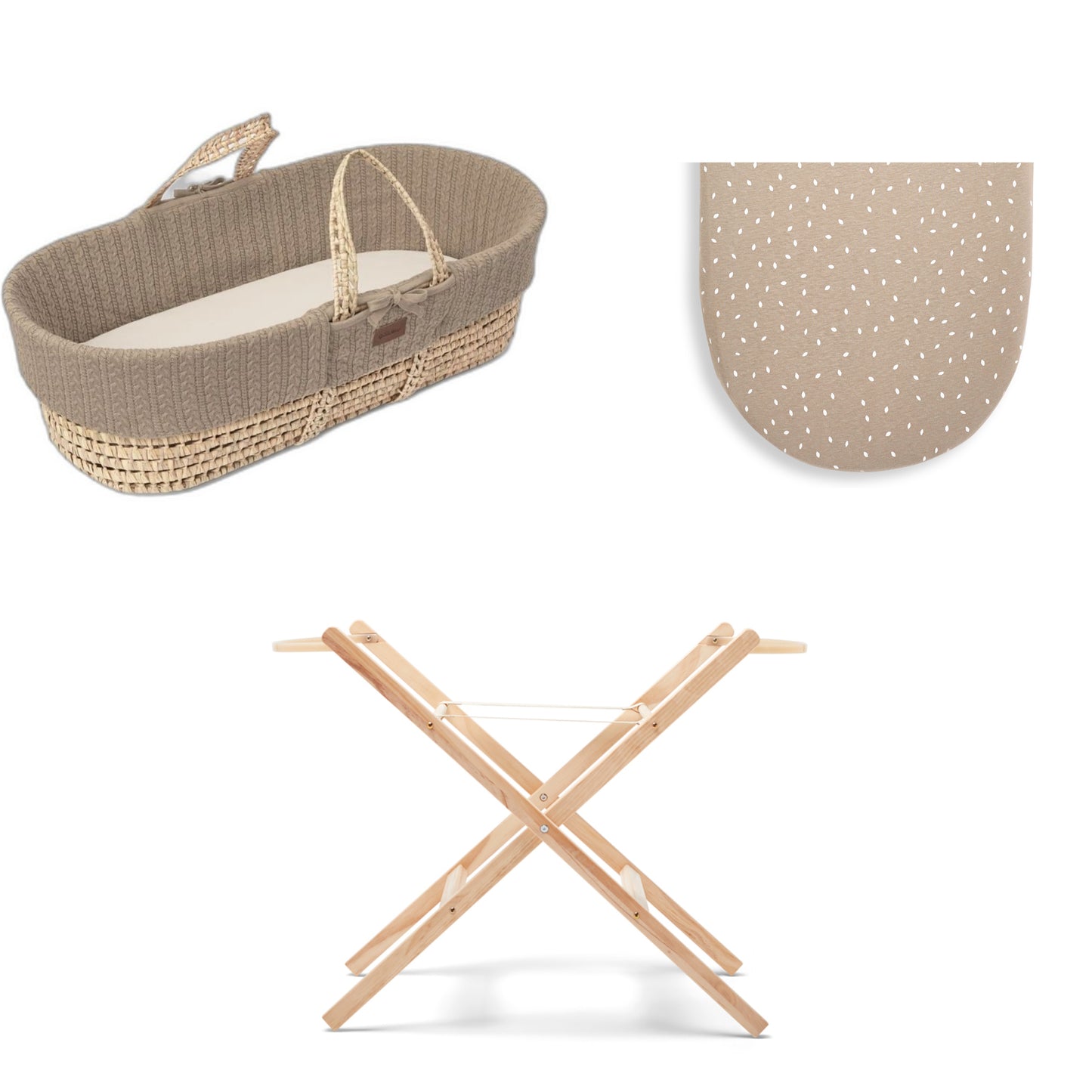 Moses Basket Bundle in truffle with stand and 1 set of sheets