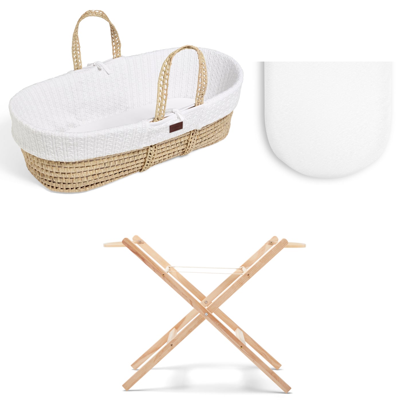 Moses Basket Bundle in white with stand and 1 sets of sheets