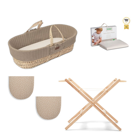 Moses Basket Bundle in truffle with stand, protector and  2 sets of sheets