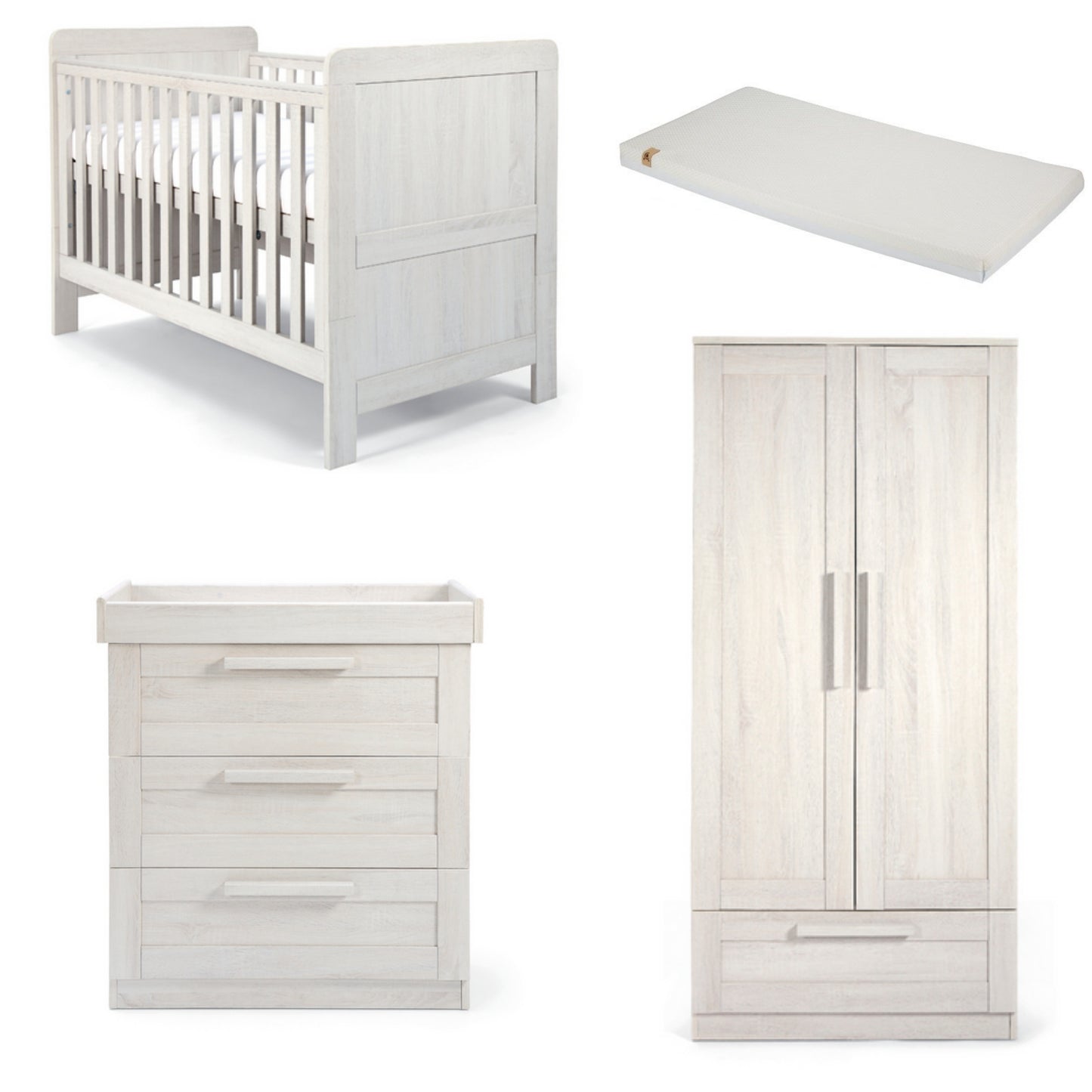 Mamas and Papas 3 piece bundle in nimbus white with cotbed and dresser and a wardrobe with CuddleCo Lullaby mattress