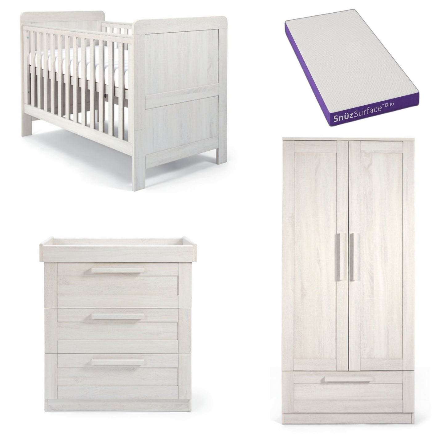 Mamas and Papas 3 piece bundle in nimbus white with cotbed and dresser and a wardrobe with SnuzDuo mattress