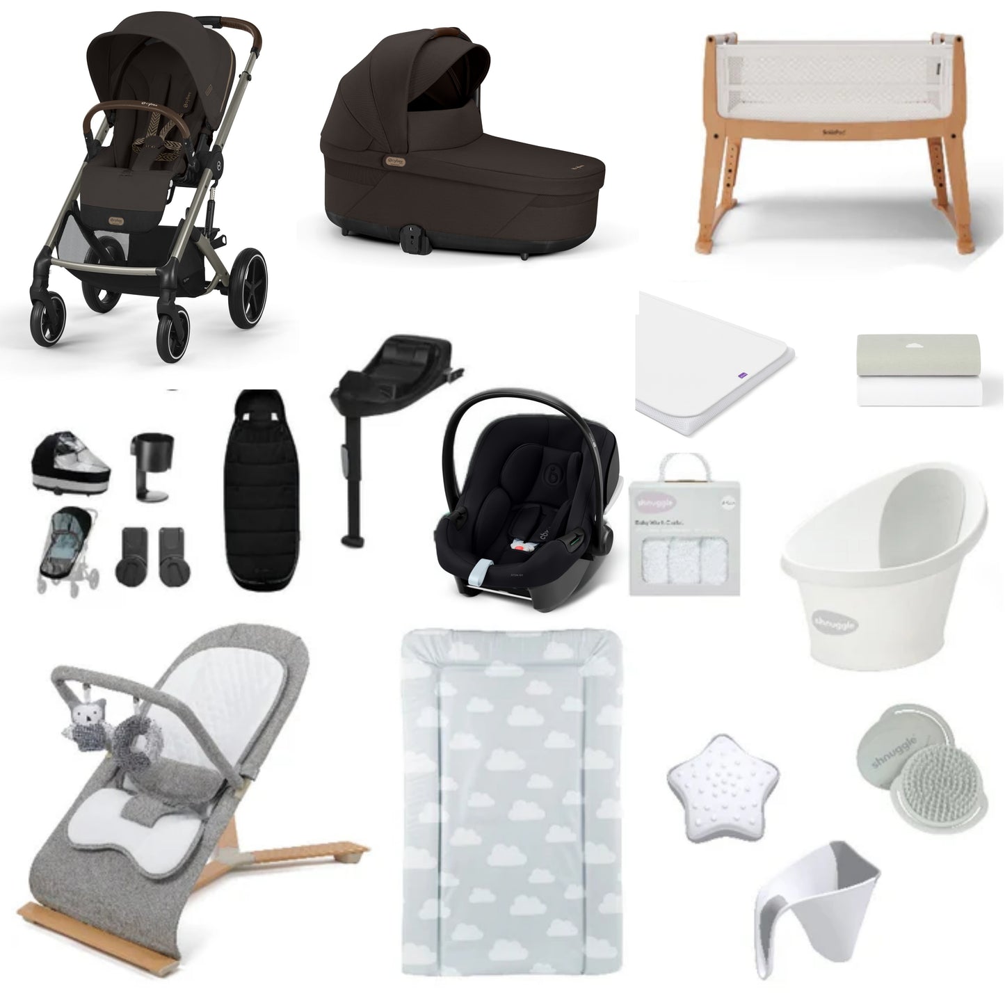 Cybex Balios Pushchair & carrycot in Chocolate Brown, complete with all babies essential including car seat, crib, bath and bath time accessories.