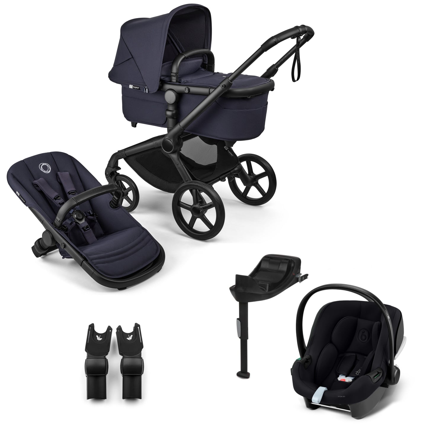 Bugaboo Fox 5 in deep indigo complete, with aton B2 car seat and base.