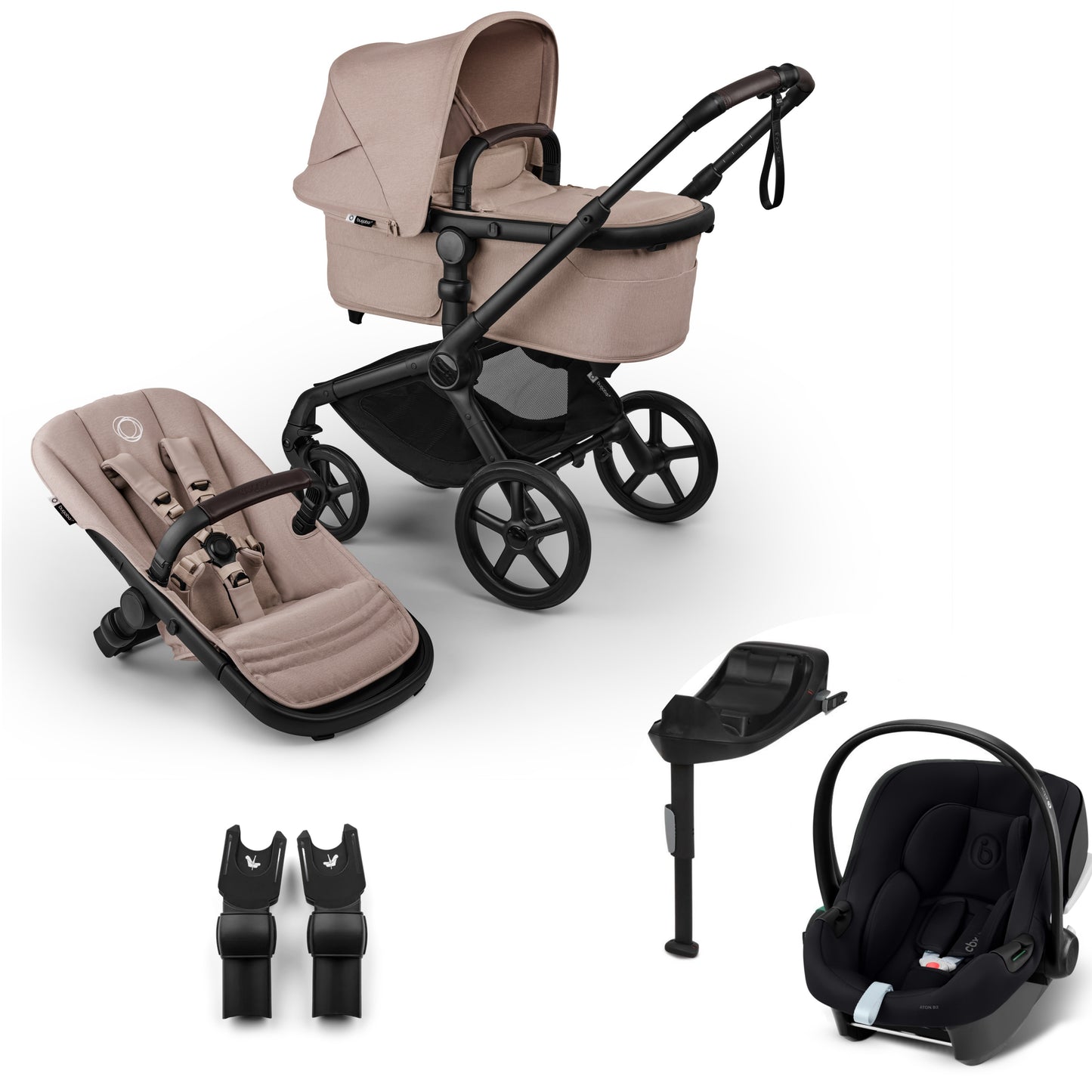 Bugaboo Fox 5 in desert taupe complete, with aton B2 car seat and base.