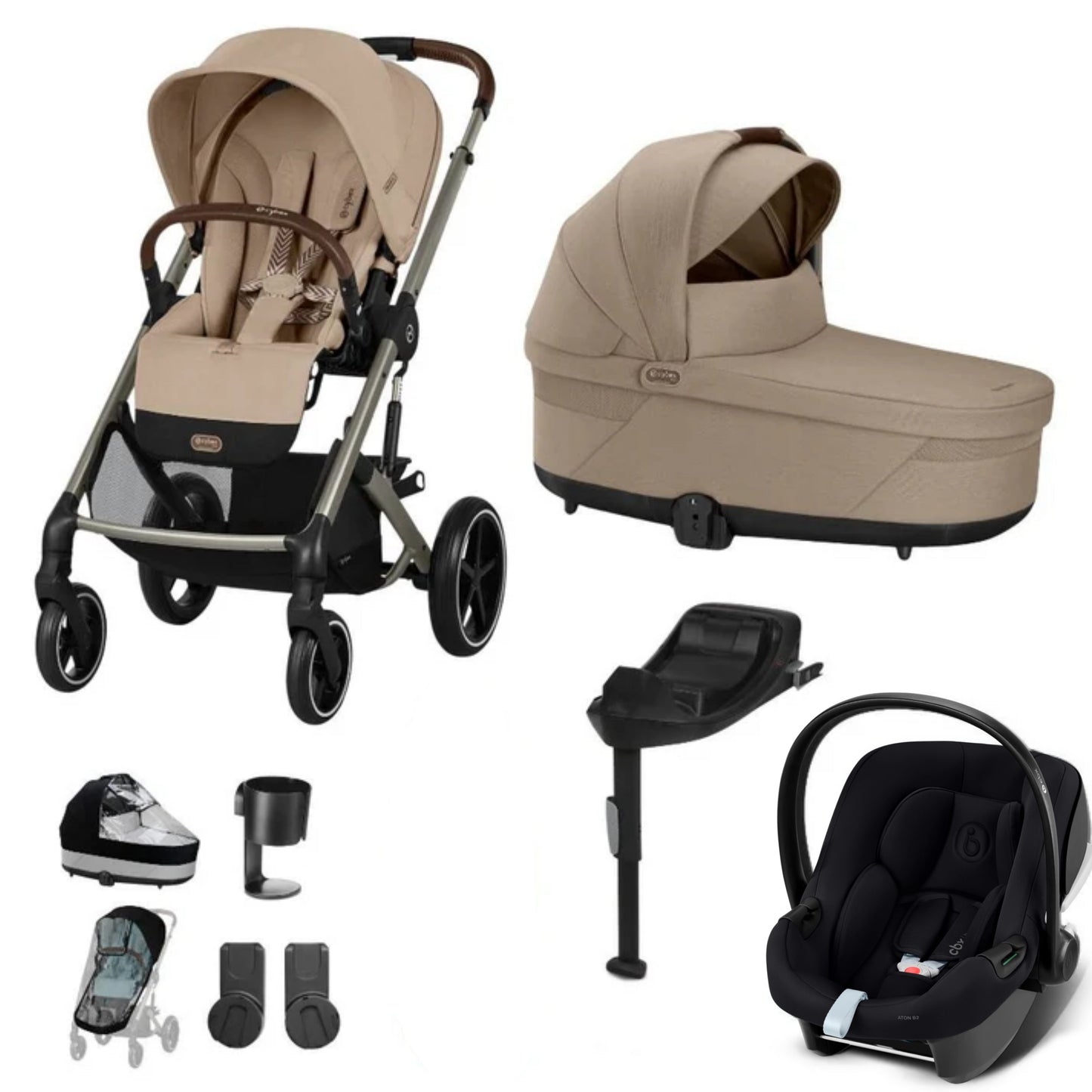 Cybex Balios travel system in almond beige with aton b2 car seat and isofix base