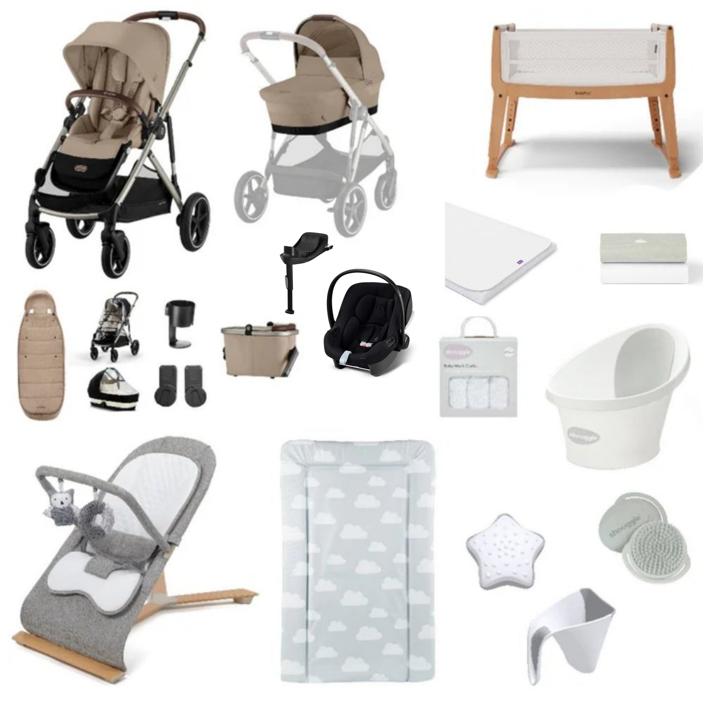 Cybex Gazelle Pushchair & carrycot in Almond Beige, complete with all babies essential including car seat, crib, bath and bath time accessories.