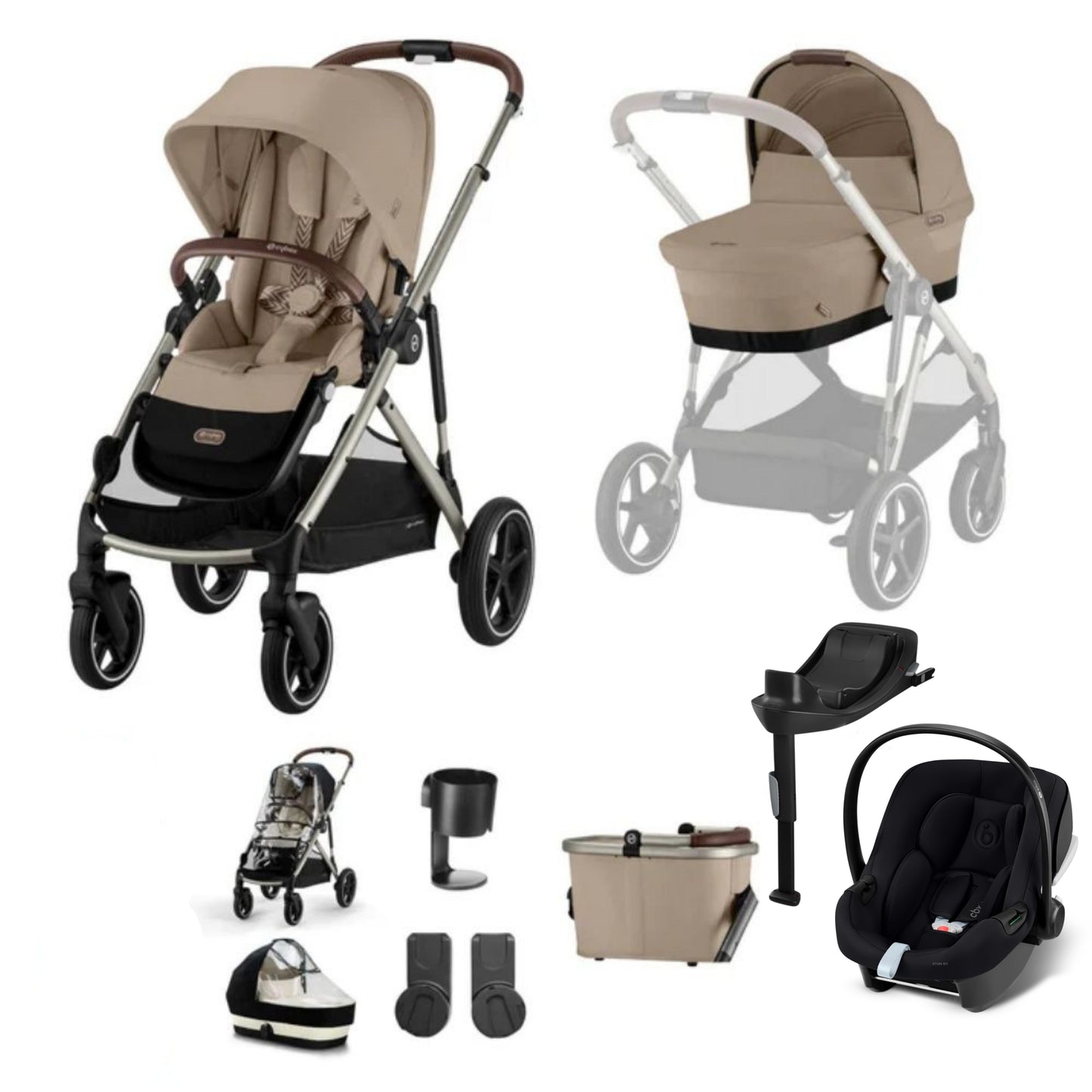 Cybex Gazelle travel system in almond beige with aton b2 car seat and isofix base, but no footmuff.