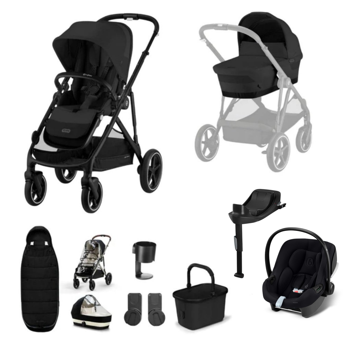 Cybex Gazelle travel system in moon black with aton b2 car seat and isofix base, and footmuff.