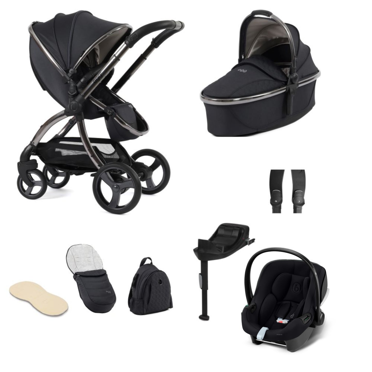 Egg 3 stroller in carbonite including an aton b2 car seat and base and accessories