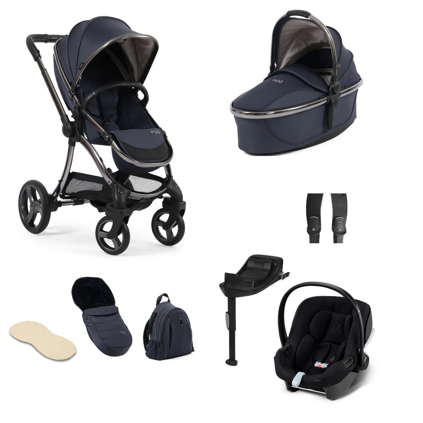 Egg 3 stroller in celestial including an aton b2 car seat and base and bag