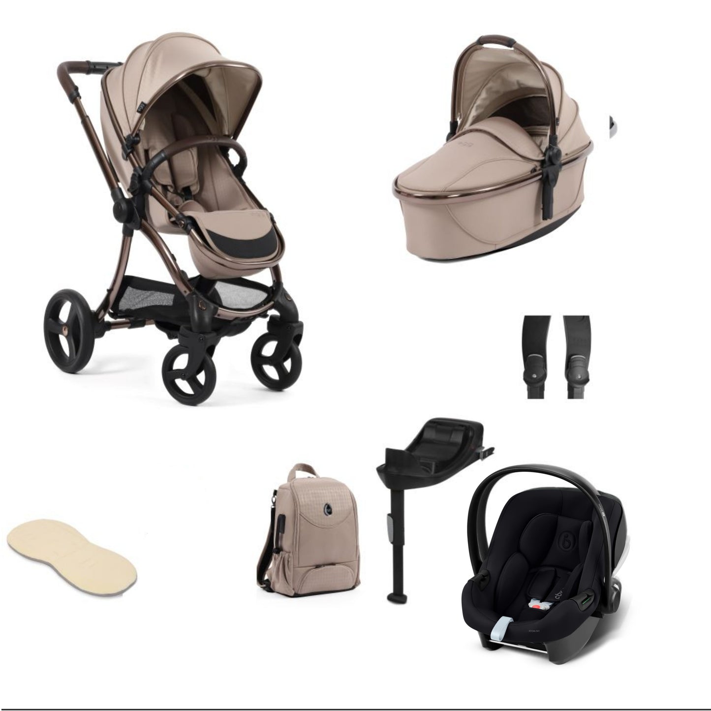 Egg 3 stroller in houndstooth almond including an aton b2 car seat and base with bag.