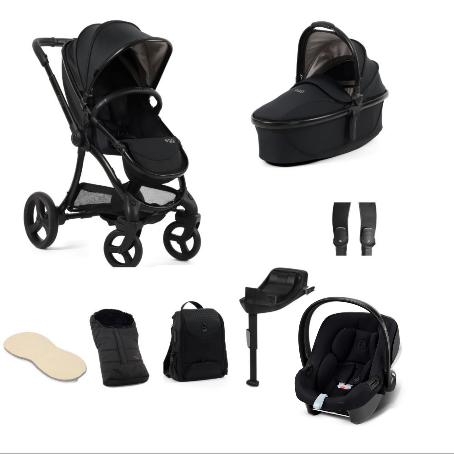Egg 3 stroller in Houndstooth black including an aton b2 car seat and base and accessories