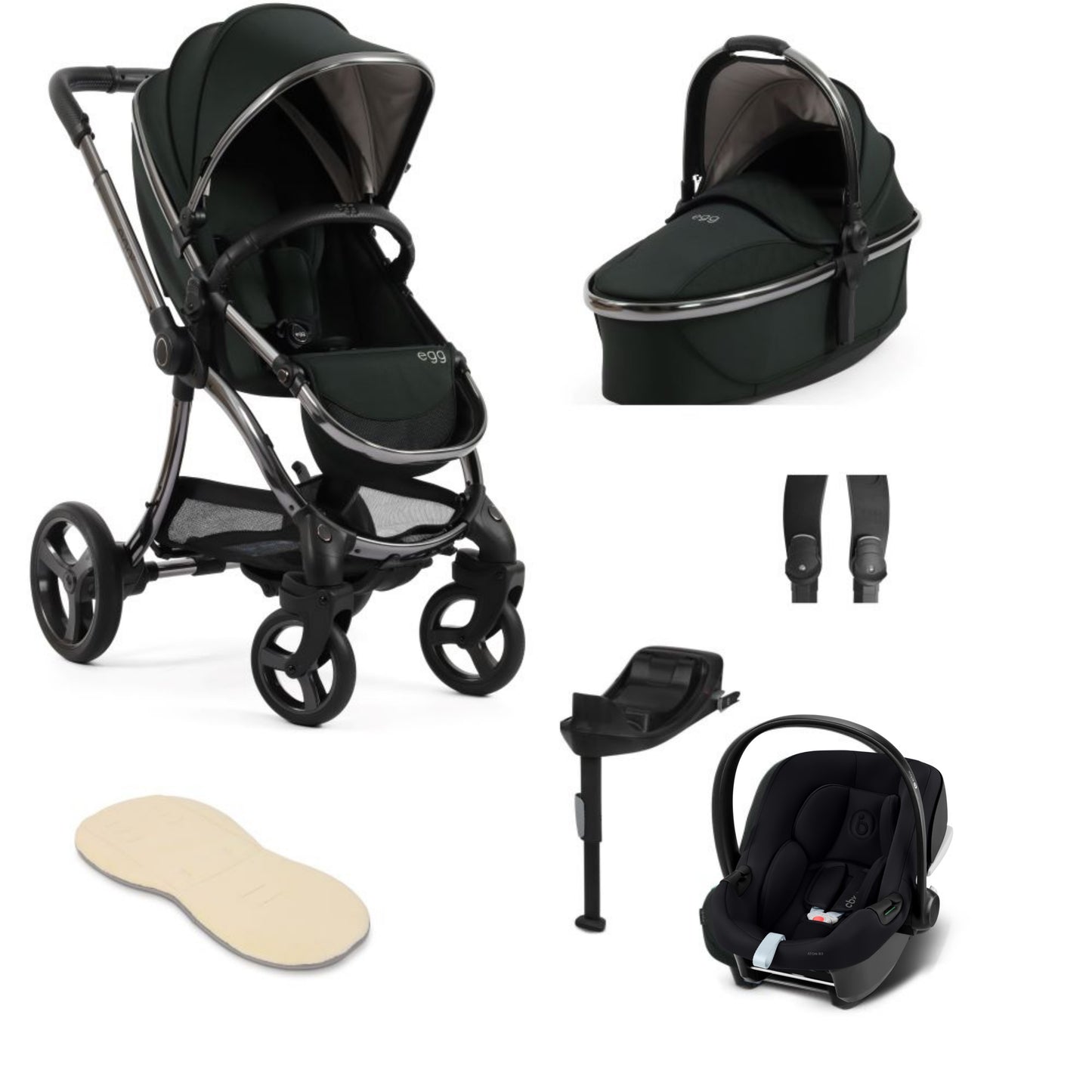 Egg 3 stroller in carbonite including an aton b2 car seat and base