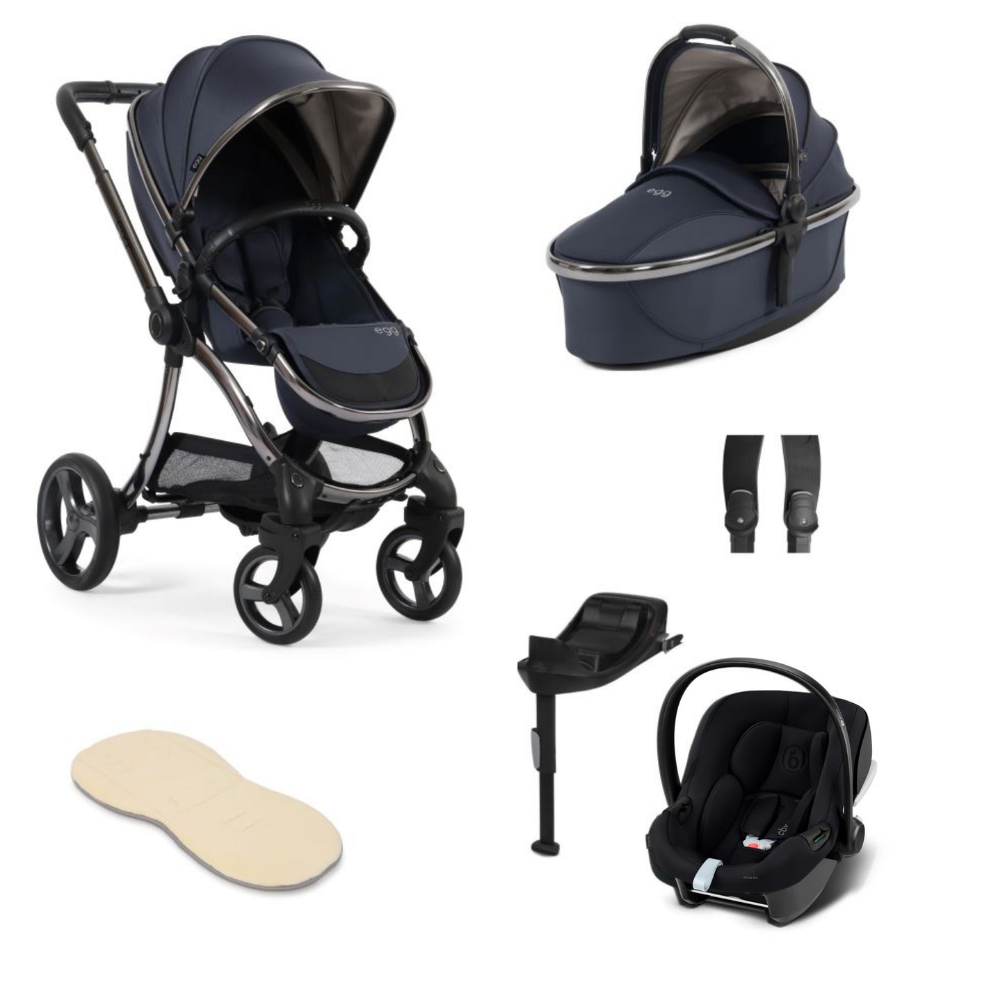 Egg 3 stroller in celestial including an aton b2 car seat and base