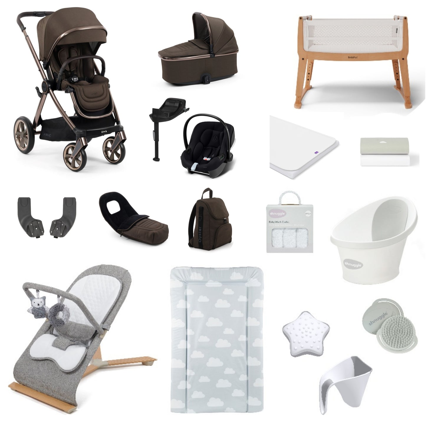 Oyster 4 Pushchair & carrycot in Chocolate Velvet, complete with all babies essential including car seat, crib, bath and bath time accessories.