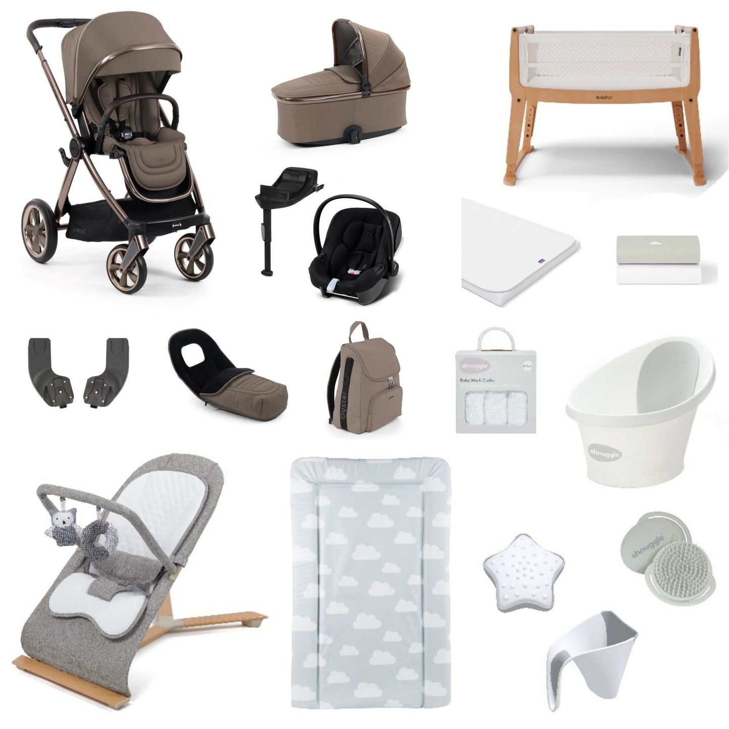 Oyster 4 Pushchair & carrycot in Mink, complete with all babies essential including car seat, crib, bath and bath time accessories.