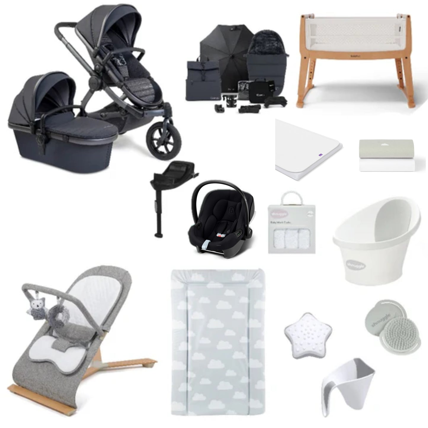 iCandy Peach All Terrain Pushchair & carrycot in Storm Grey with accessories, complete with all babies essential including car seat, crib, bath and bath time accessories.