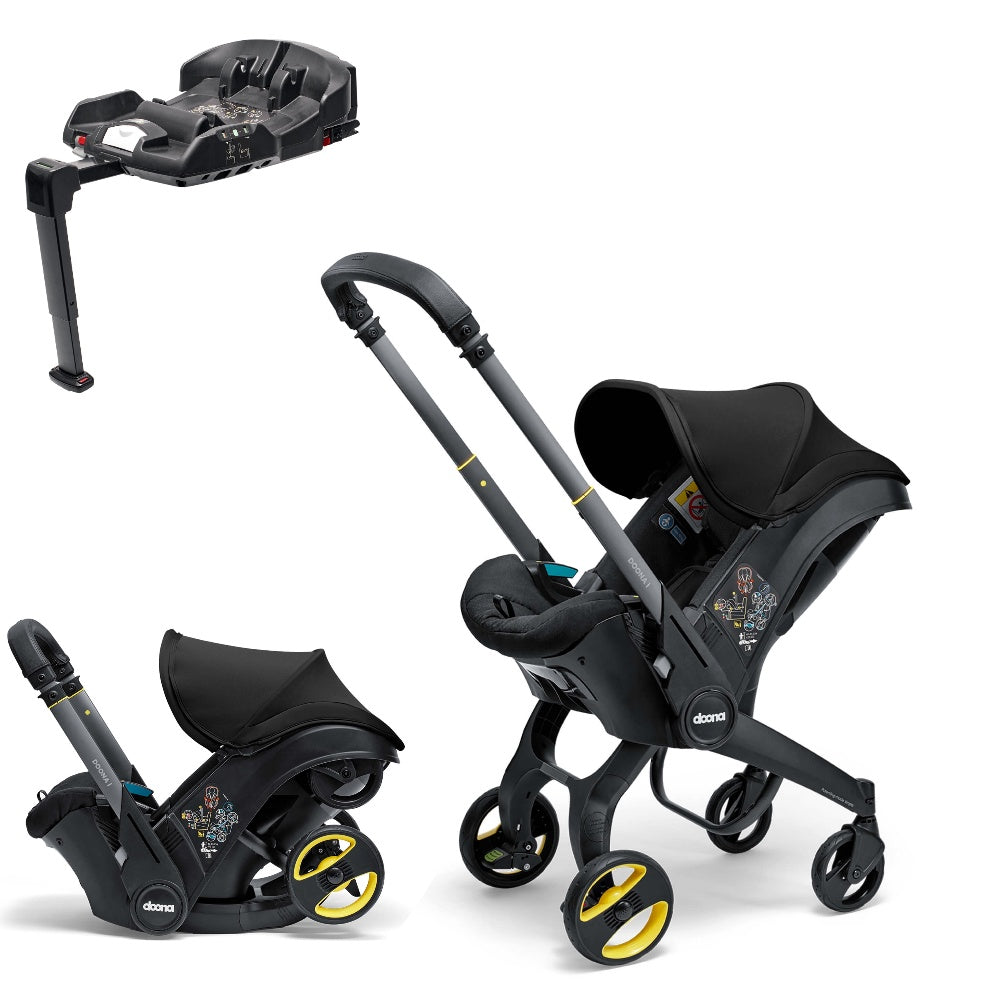 A stylish Doona car seat in Nitro Black, for a modern infant safety solution, including a doona base