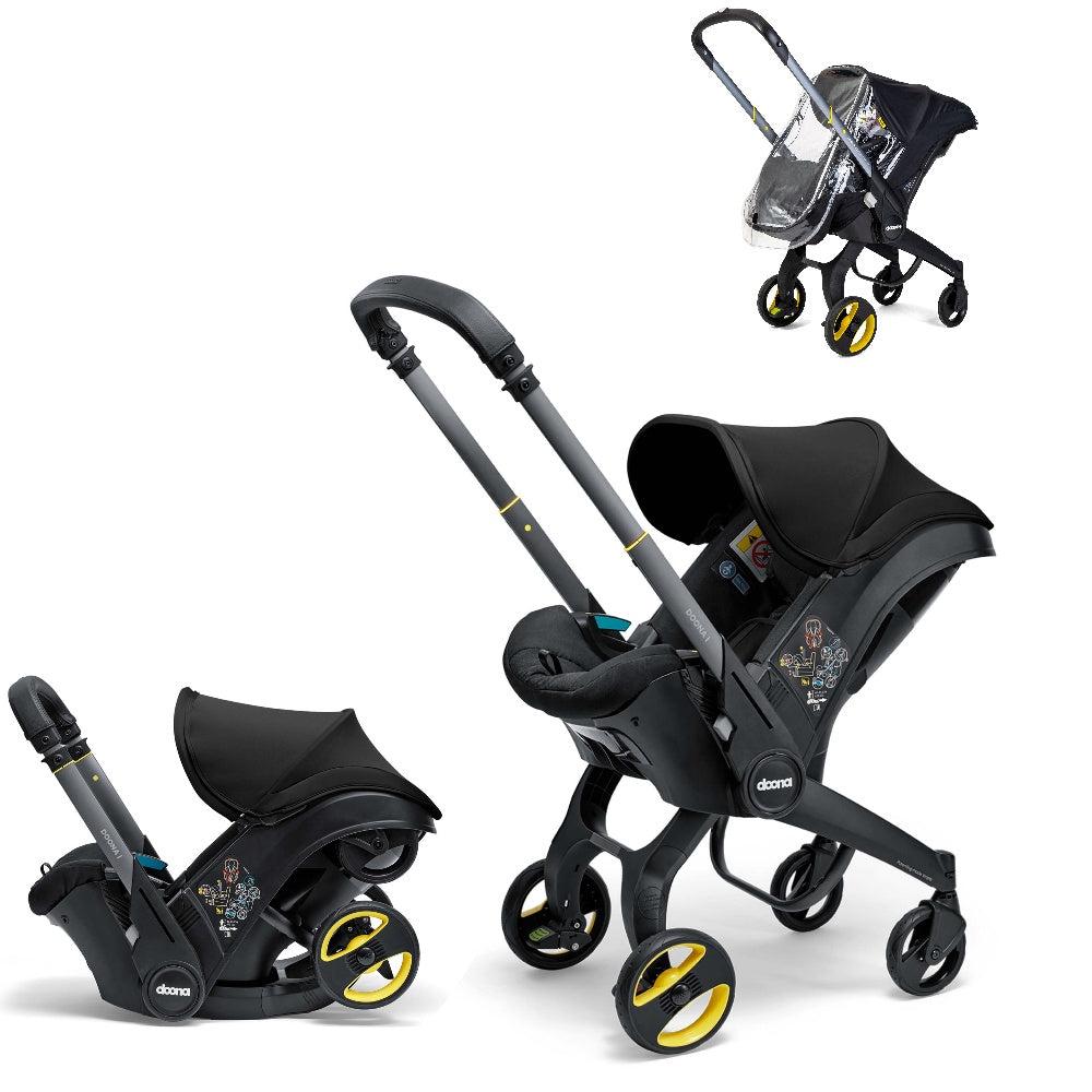A stylish Doona car seat in Nitro Black, for a modern infant safety solution, including a raincover
