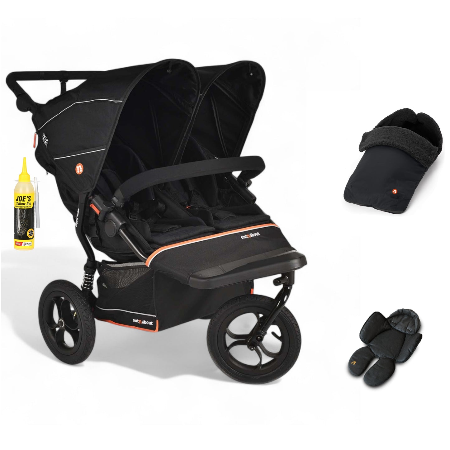 Out N About double nipper v6 in summit black with 1 footmuff and 1 newborn insert.