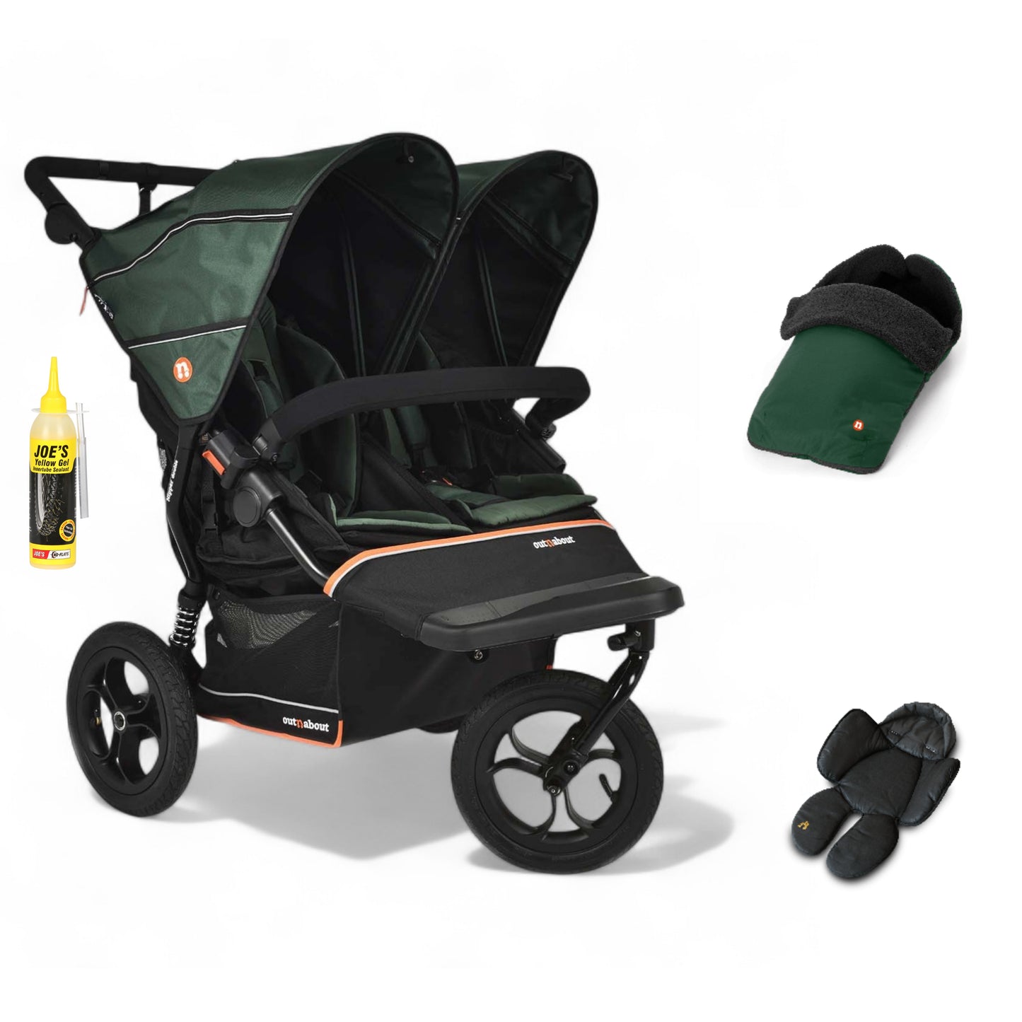 Out N About double nipper v6 sycamore green with 1 footmuffs and 1 newborn insert.