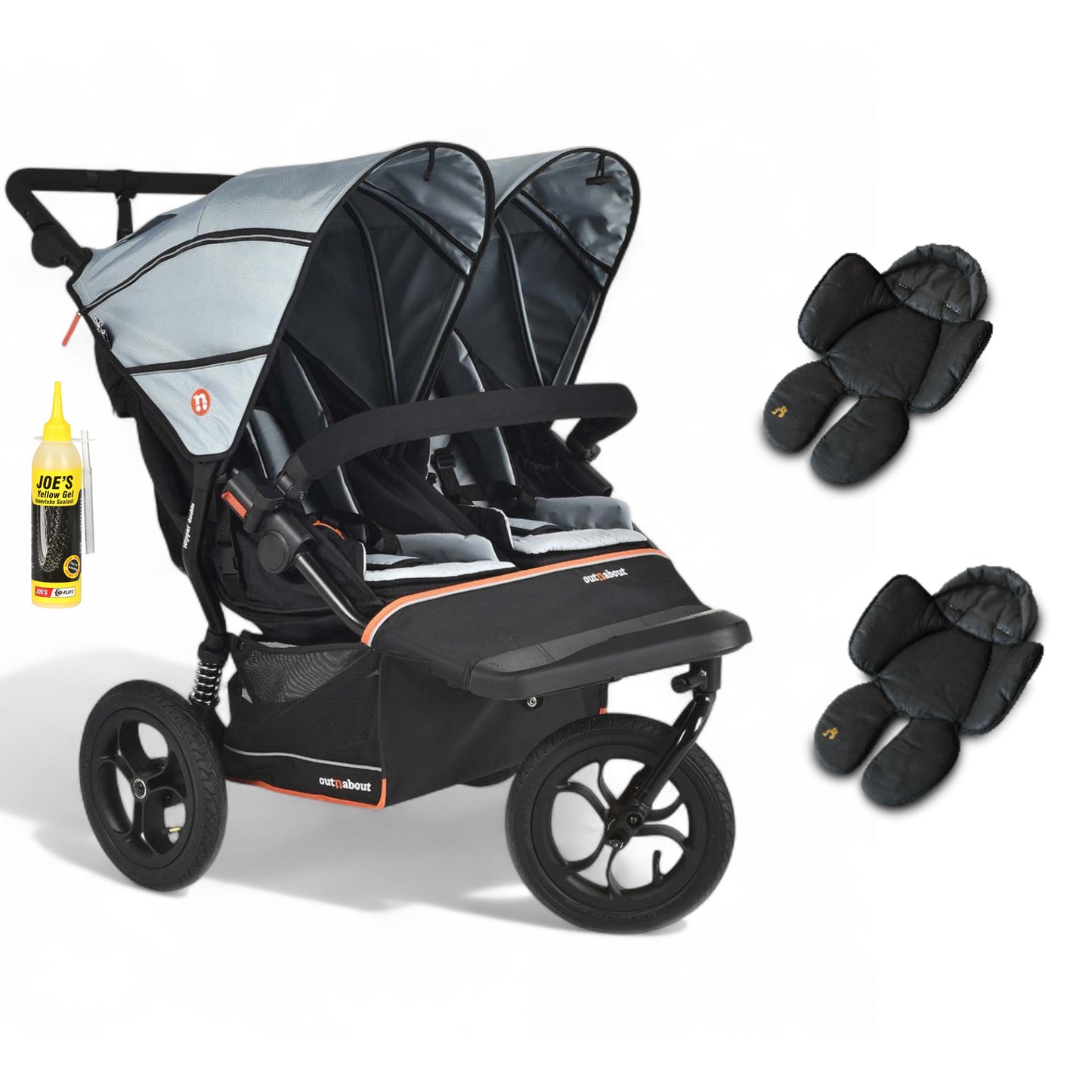 Out N About double nipper v6 in rocksalt grey with 2 newborn inserts.