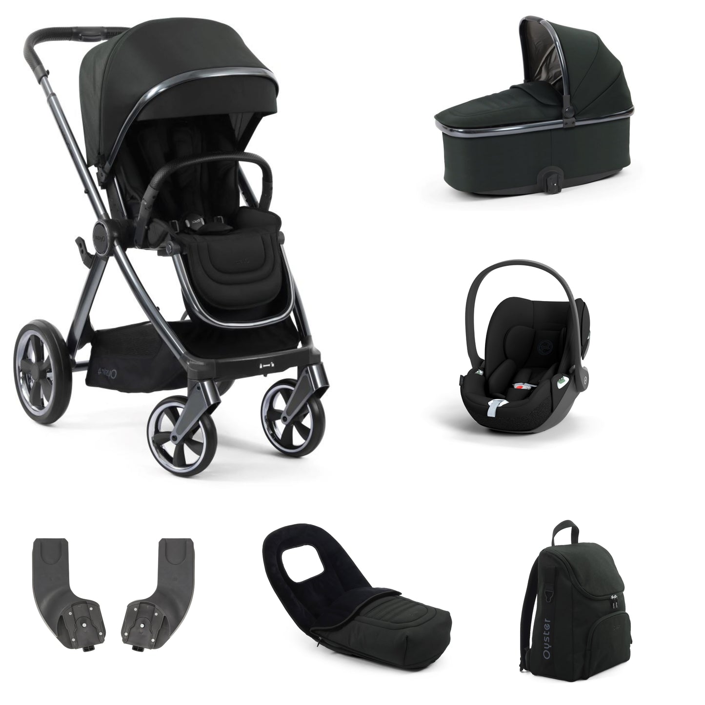 Oyster 4 Stroller in Black Olive with accessories, carrycot and cloud t