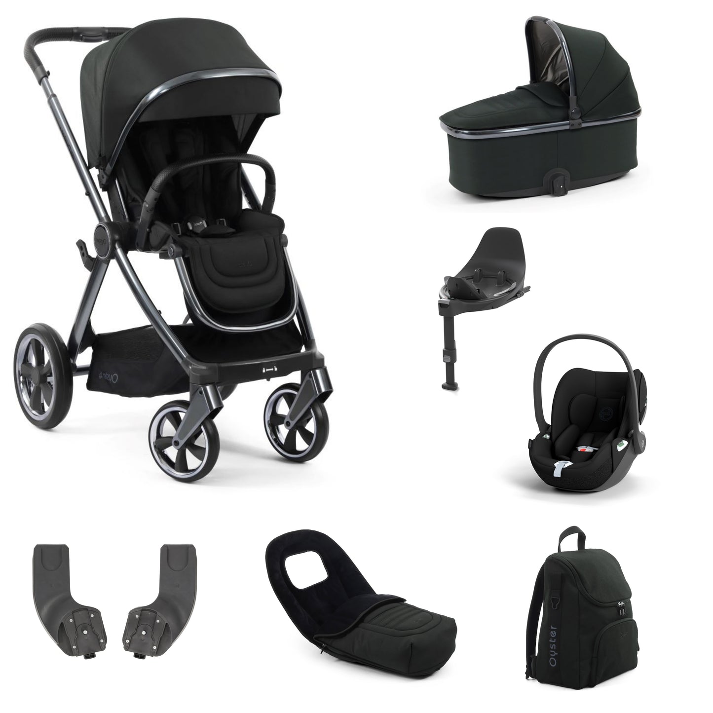 Oyster 4 Stroller in Black Olive with accessories, carrycot and cloud t and base
