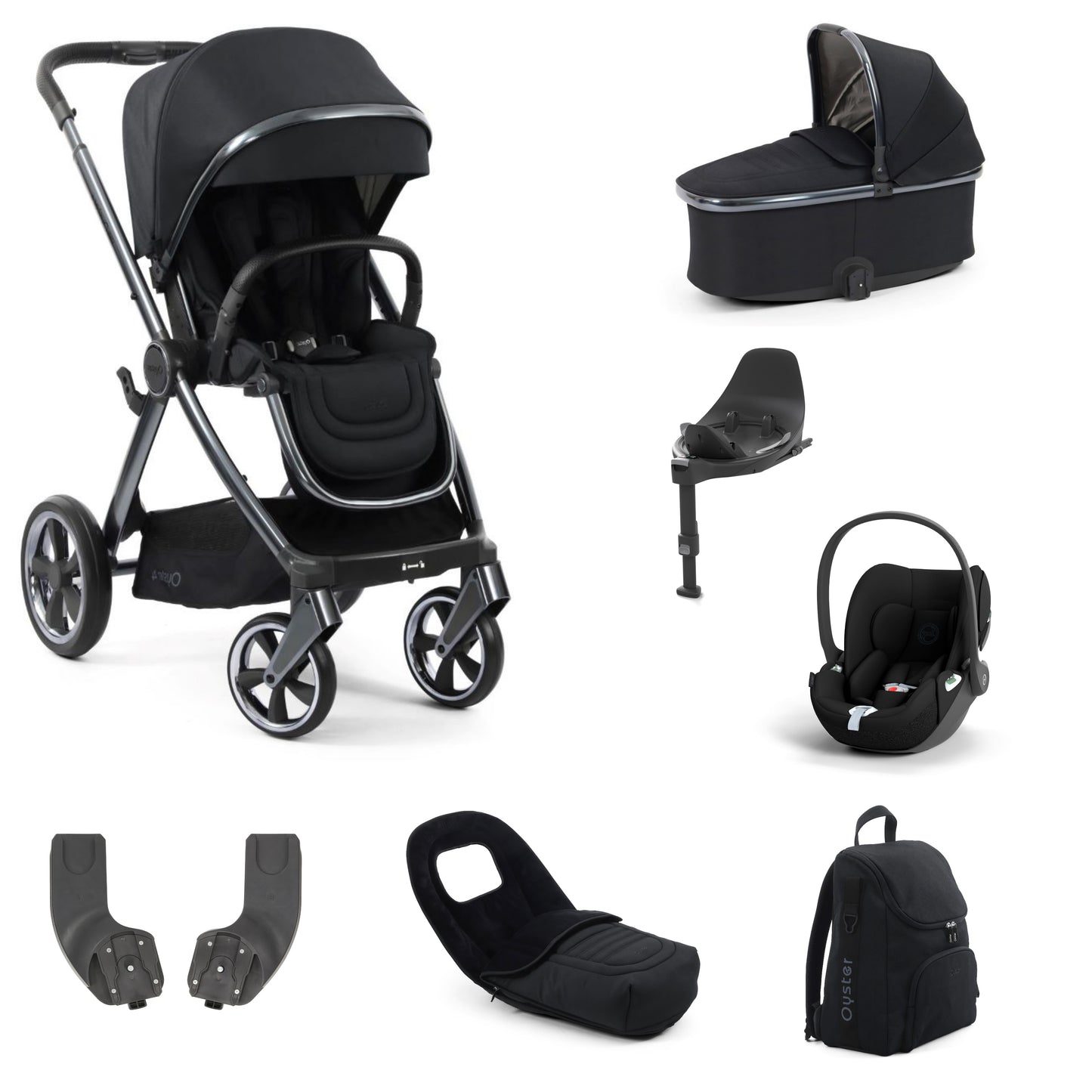 Oyster 4 Stroller Carbonite with accessories, carrycot and cloud t and base