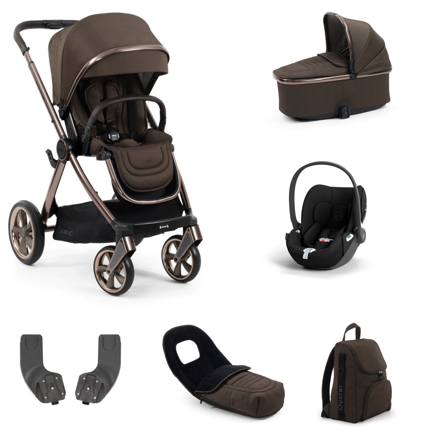 Oyster 4 Stroller in Chocolate Velvet with accessories, carrycot and cloud t