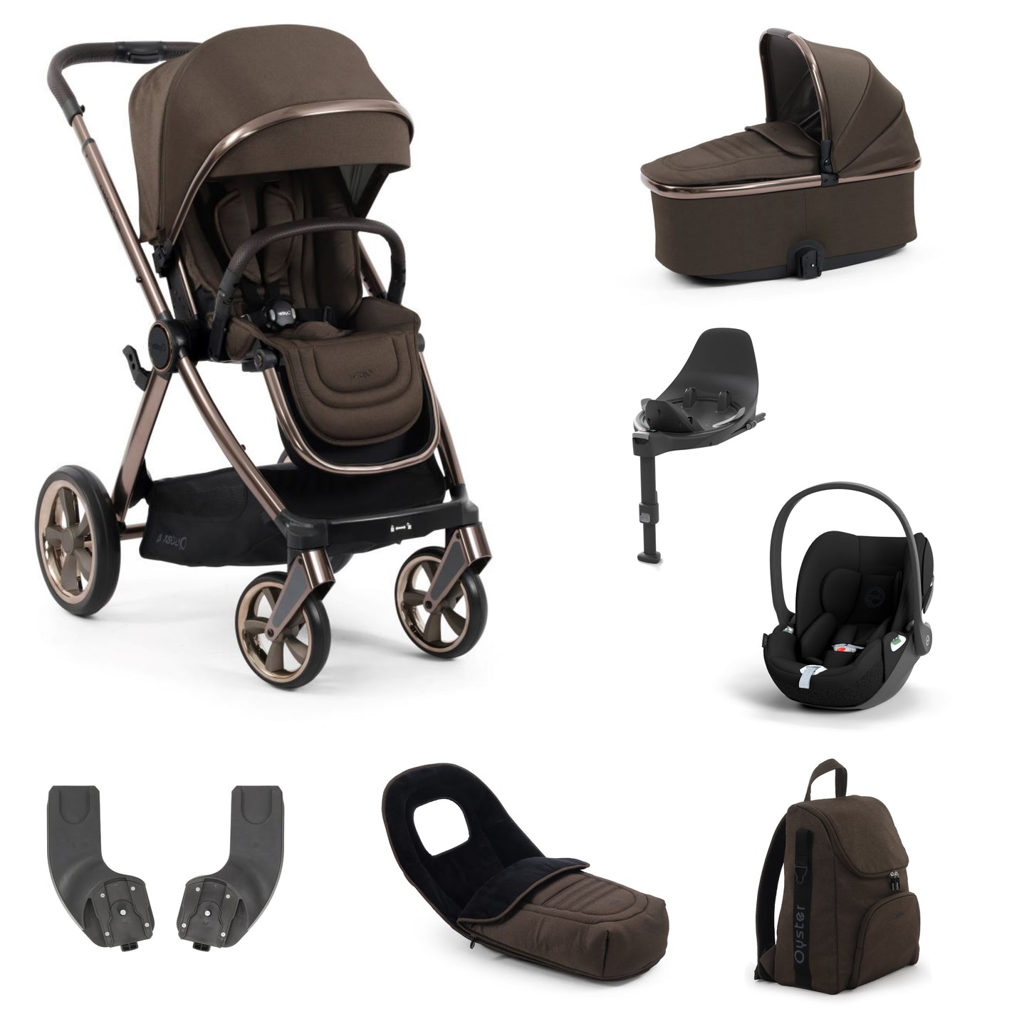 Oyster 4 Stroller in Chocolate Velvet with accessories, carrycot and cloud t and base