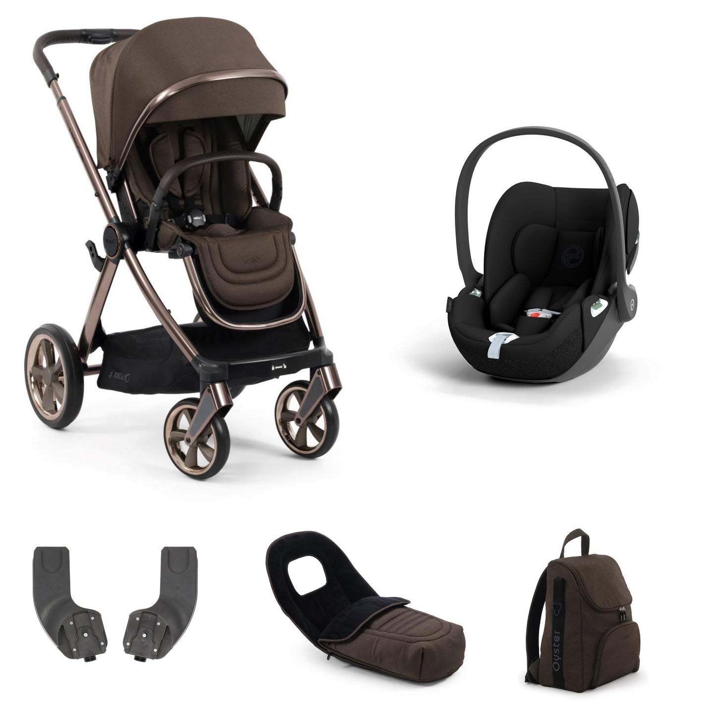 Oyster 4 Stroller in Chocolate Velvet with accessories and a cloud t