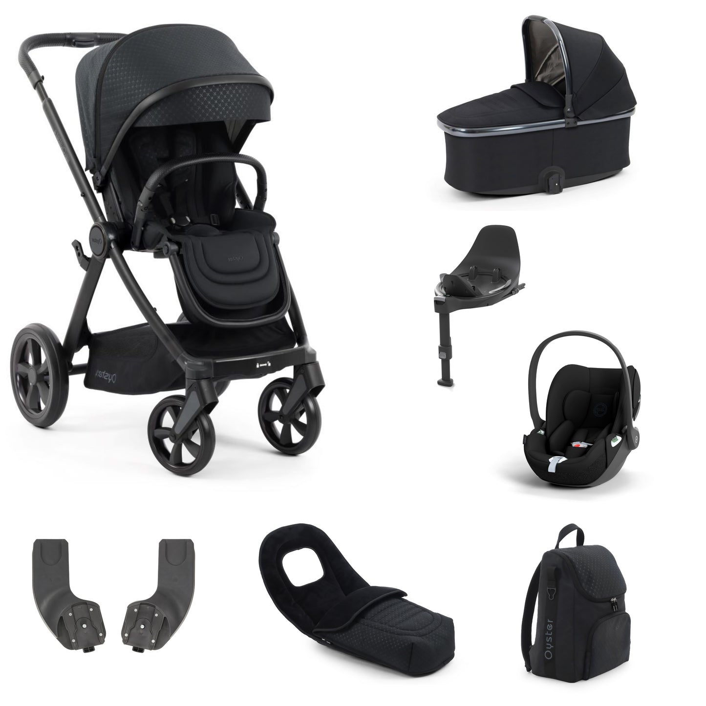 Oyster 4 Stroller in Raven with accessories, carrycot and cloud t and base