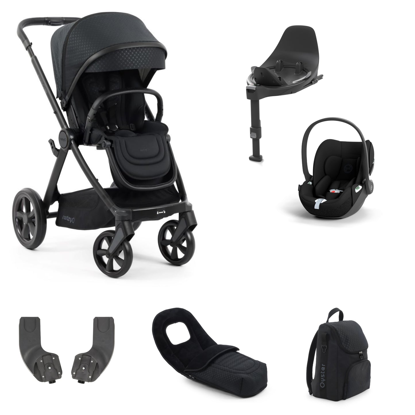 Oyster 4 Stroller in Raven with accessories, cloud t and base