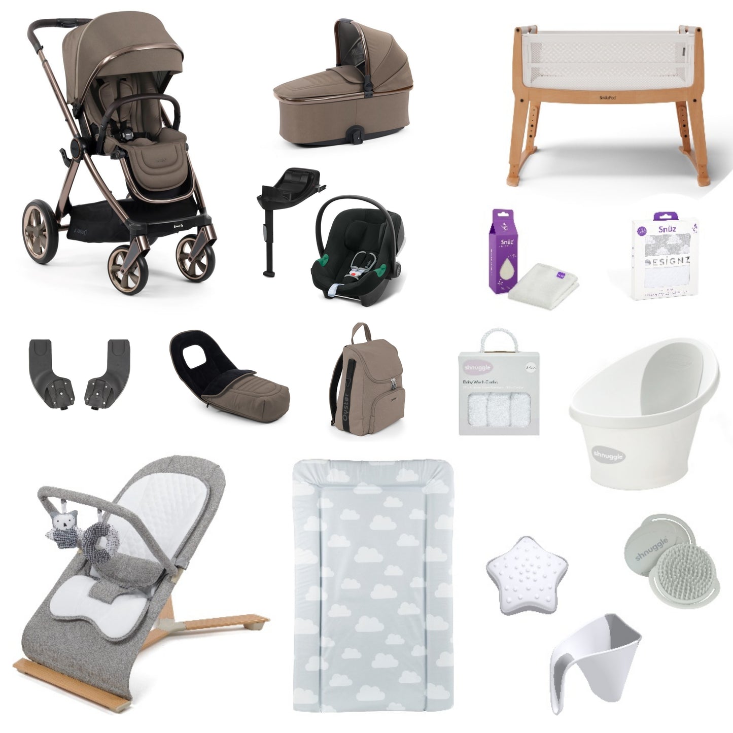 Oyster 4 Pushchair & carrycot in Mink, complete with all babies essential including car seat, crib, bath and bath time accessories.