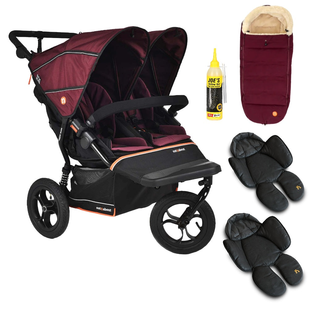Out N About double nipper v6 bramble berry red with 1 footmuff and 2 newborn inserts.