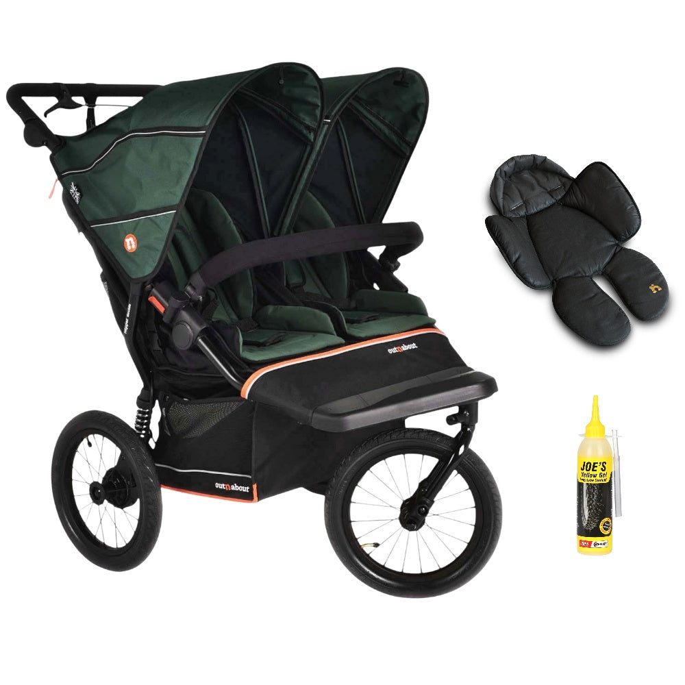 Out n About Nipper PLUS V6 Double in Sycamore Green colour way with 1 newborn inserts.