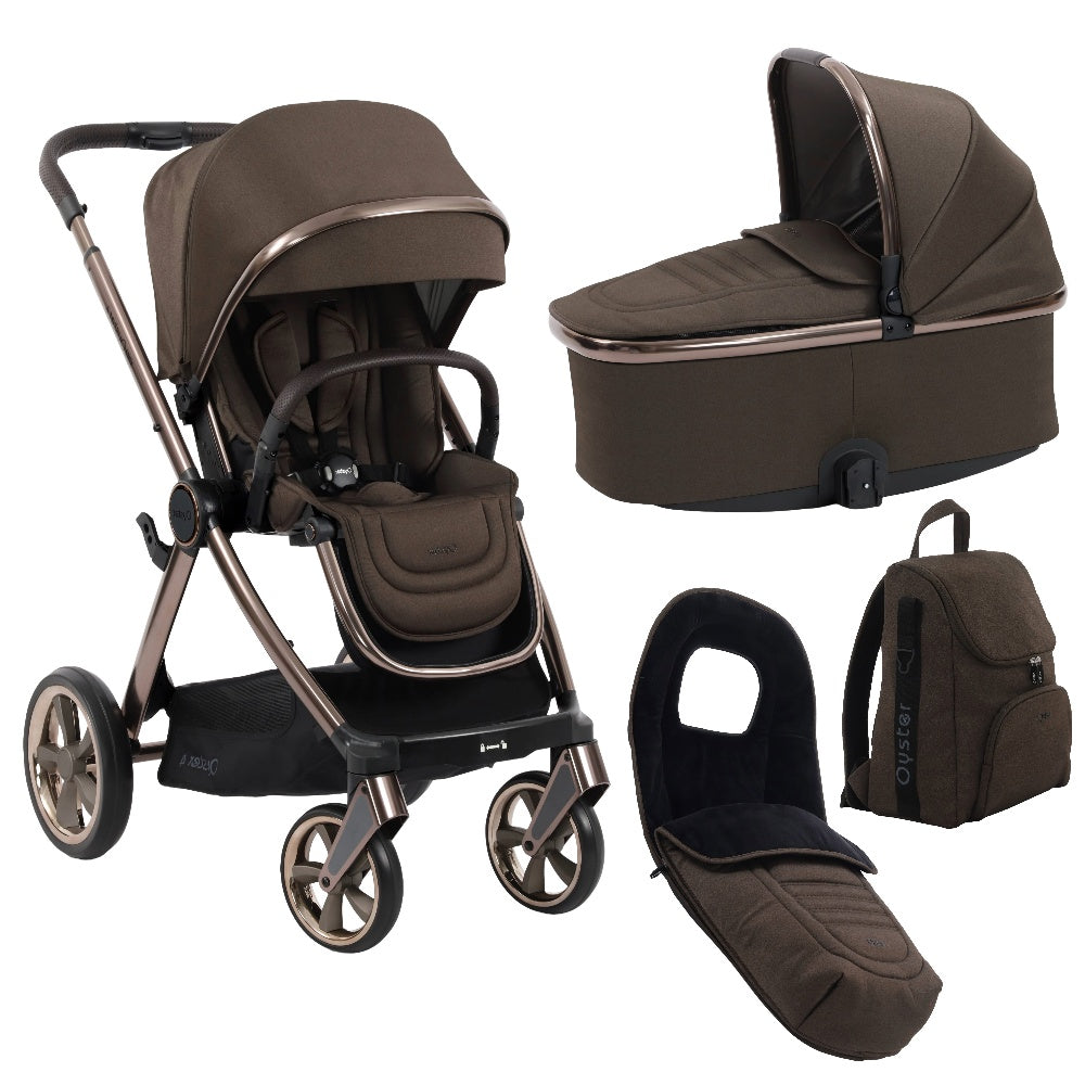 Oyster 4 stroller & carrycot in Chocolate Velvet colourway with matching accessories.