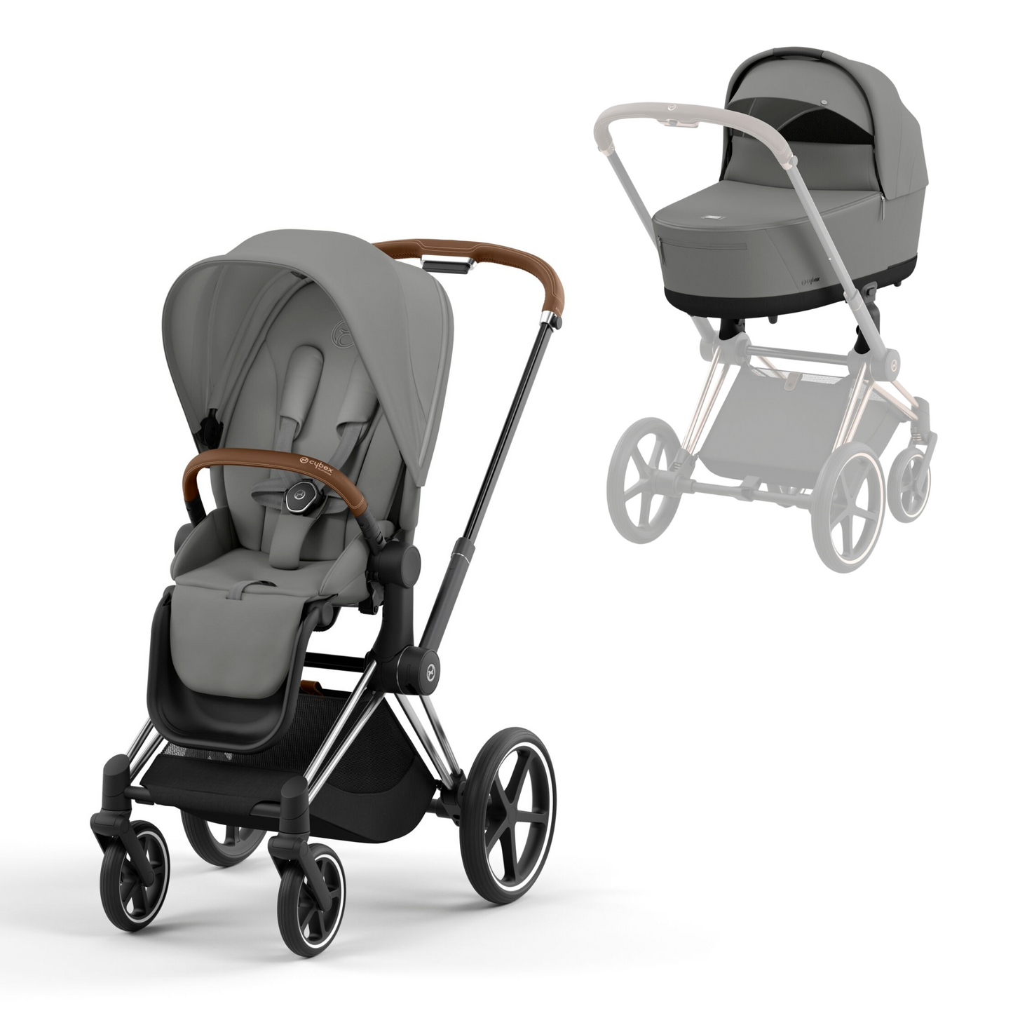 Cybex Priam in mirage grey on a chrome brown chassis with seat unit and carrycot.