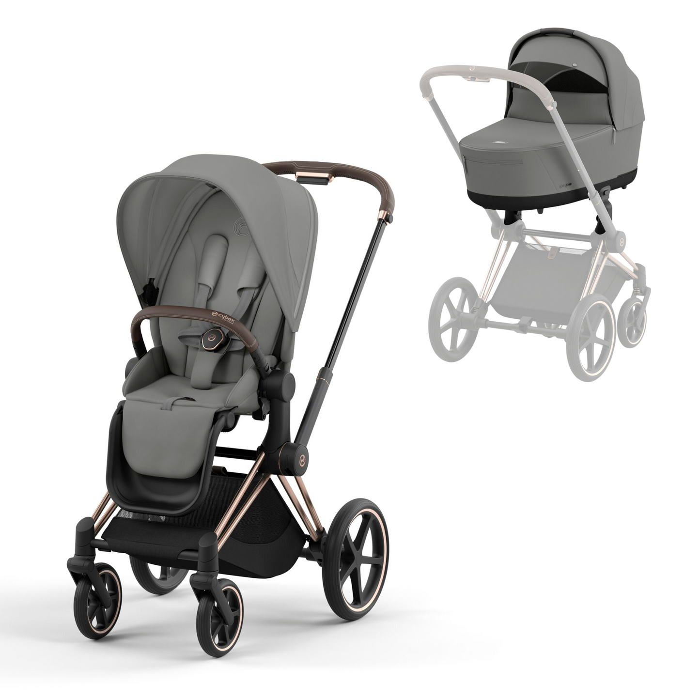 Cybex Priam in mirage grey on a rose gold chassis with seat unit and carrycot.