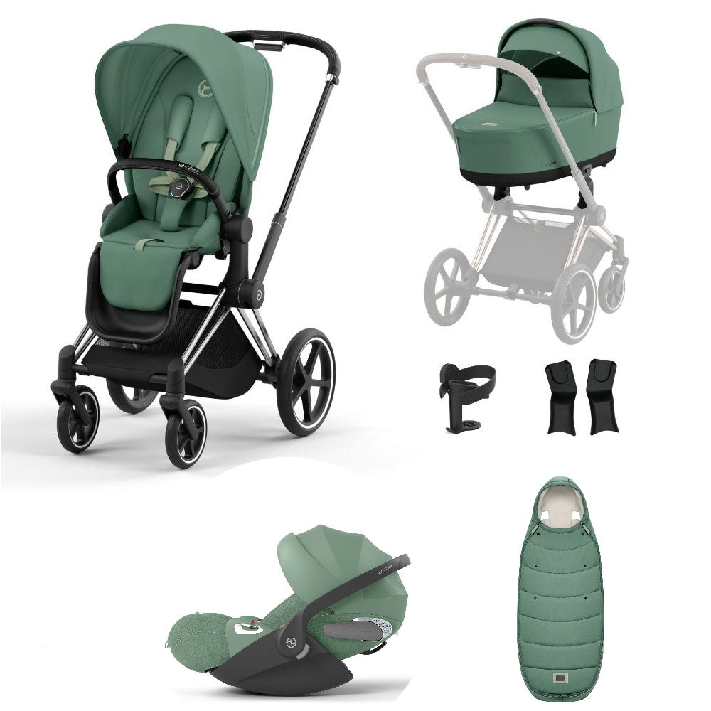 Priam leaf green travel system on a chrome black chassis with car seat, and footmuff.