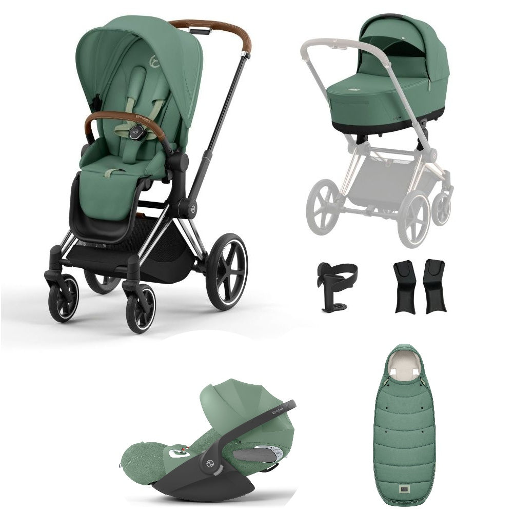 Priam leaf green travel system on a chrome brown chassis with car seat, and footmuff.