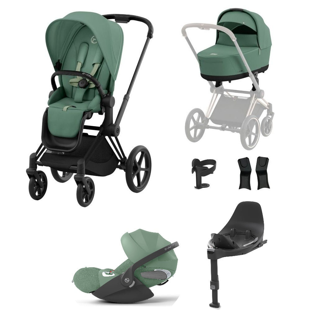 Priam leaf green travel system on a matt black chassis with car seat and isofix base.