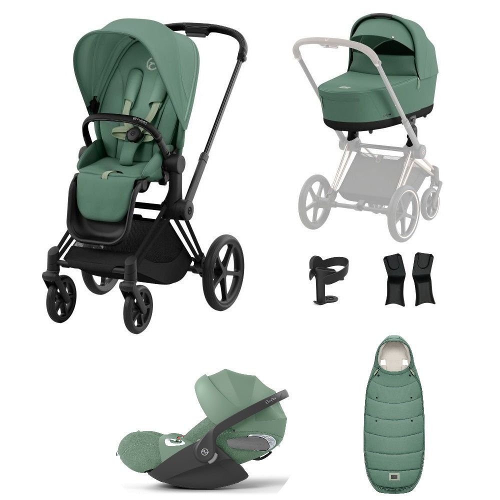 Priam leaf green travel system on a matt black chassis with car seat and footmuff.