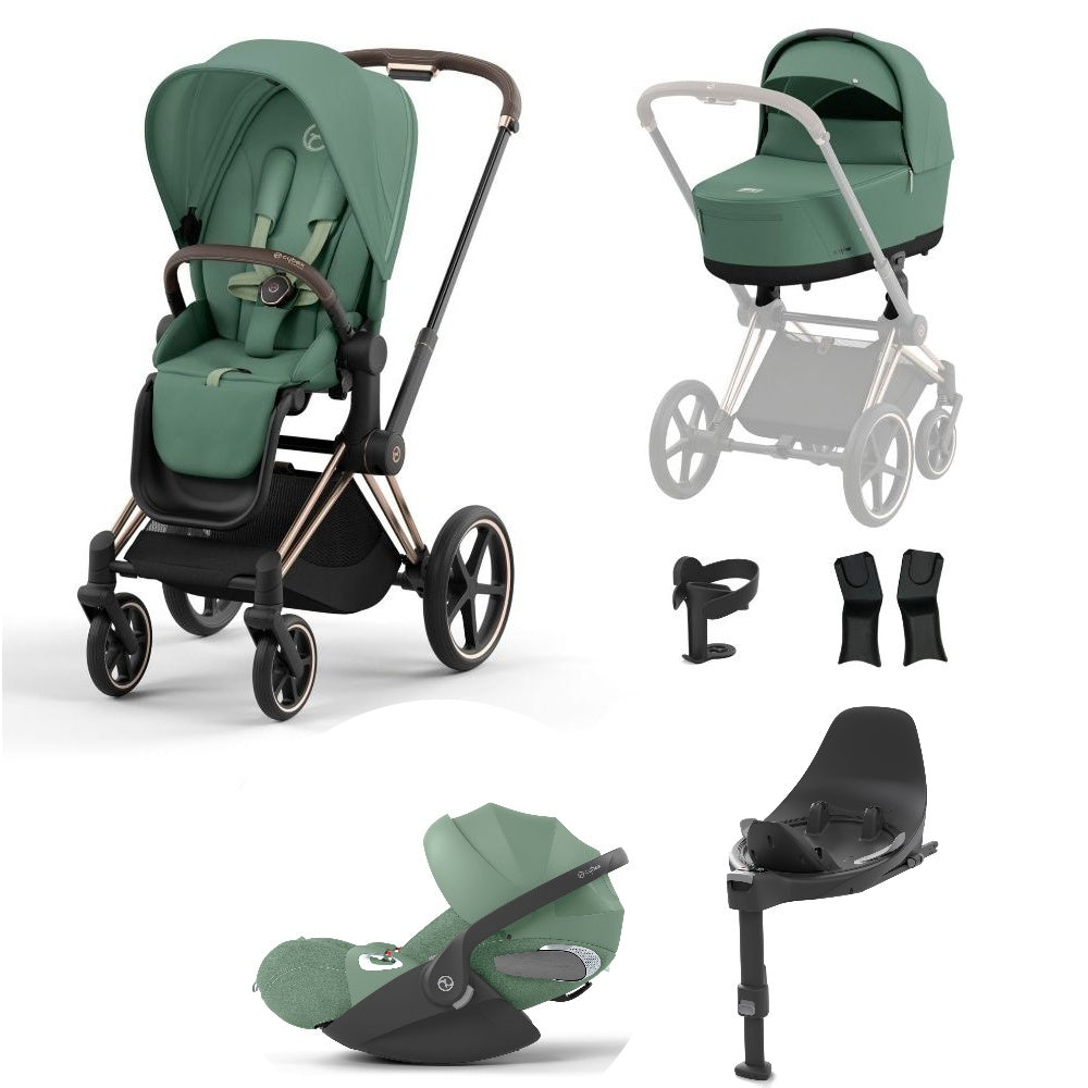 Priam leaf green travel system on a rose gold chassis with car seat and isofix base.