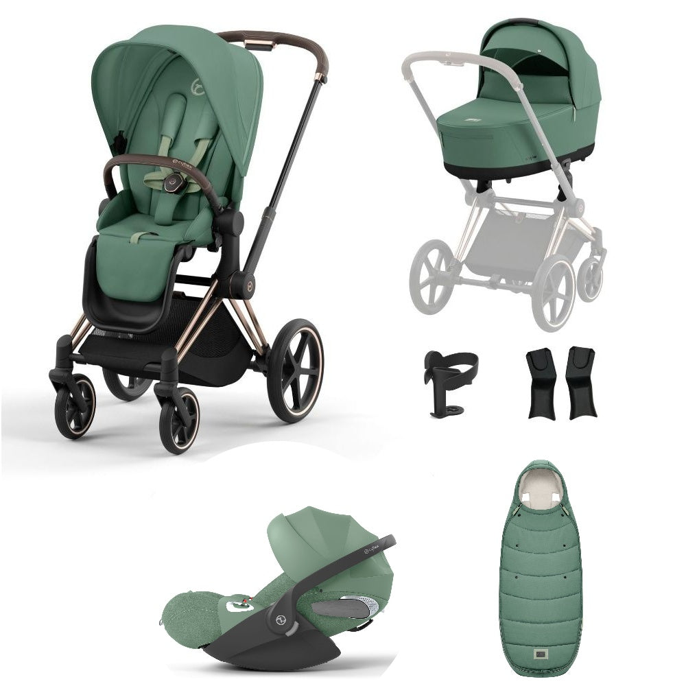Priam leaf green travel system on a rose gold chassis with car seat and footmuff.