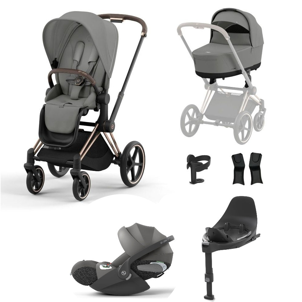 Priam mirage grey travel system on a rose gold chassis with car seat and isofix base.