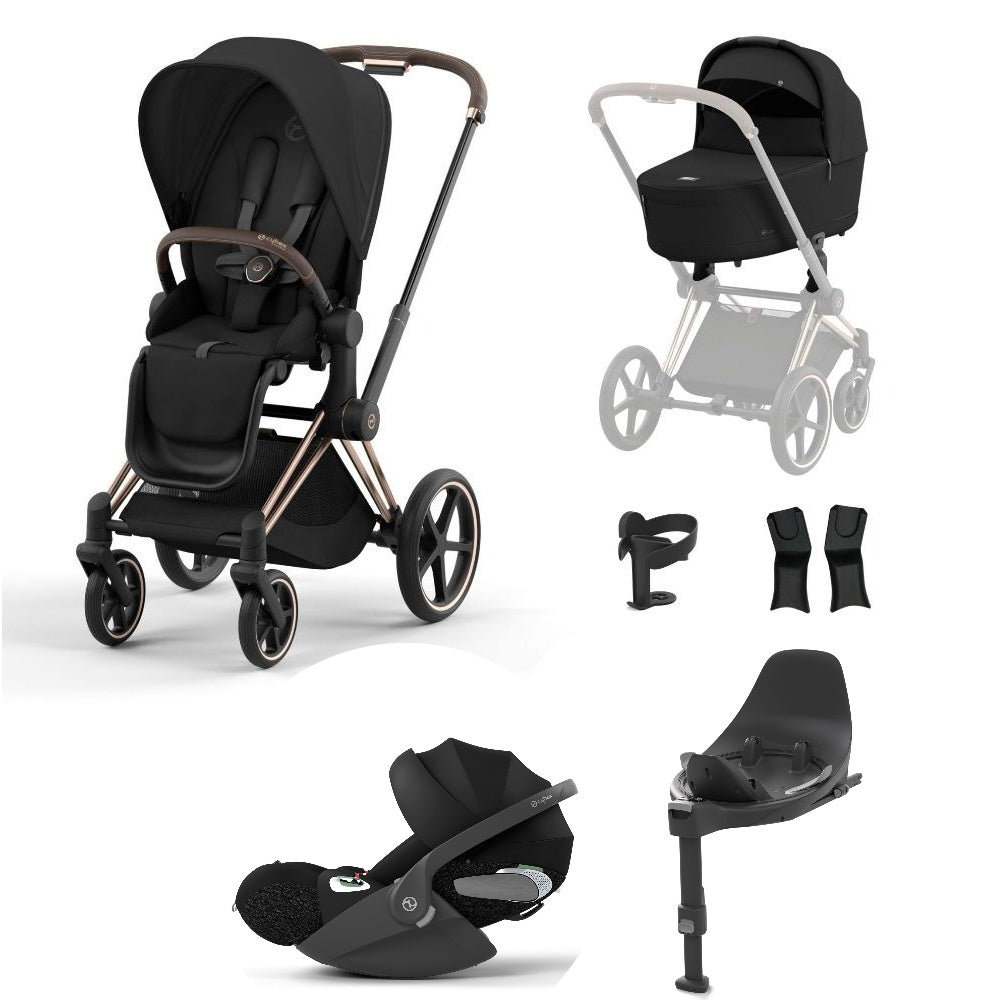 Priam sepia black travel system on a rose gold chassis with car seat and isofix base.